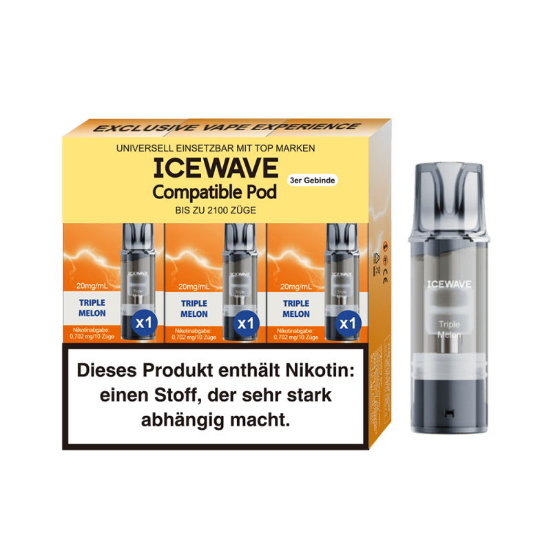 Icewave Prefilled Pod Triple Melon – 3er-Packung mit orange-gelben Pods und einzelnem Pod auf orangem Hintergrund