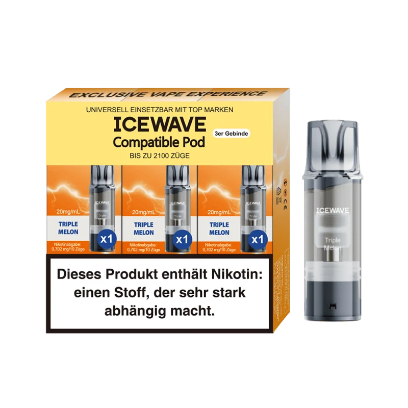 Icewave Prefilled Pod Triple Melon – 3er-Packung mit orange-gelben Pods und einzelnem Pod auf orangem Hintergrund