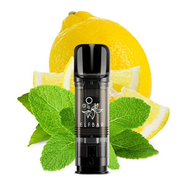 Elfbar Elfa Prefilled Pod Lemon Mint, einzelner schwarzer Pod vor Zitrone und Minzblättern freigestellt