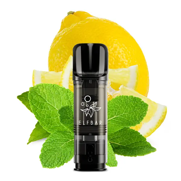 Elfbar Elfa Prefilled Pod Lemon Mint, einzelner schwarzer Pod vor Zitrone und Minzblättern freigestellt