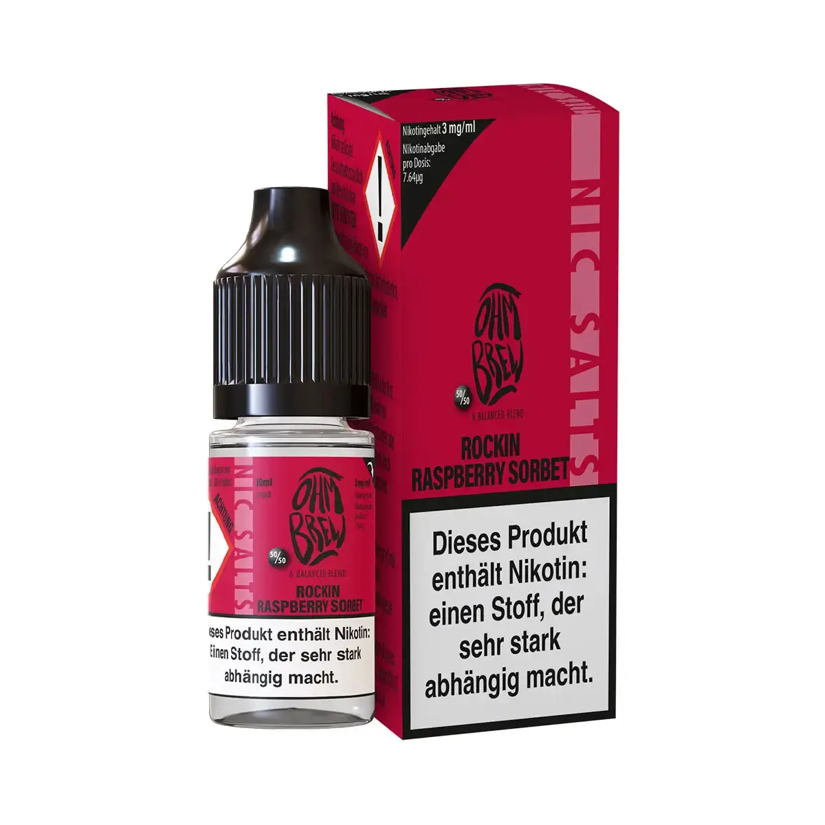 Ohmbrew Rockin Raspberry Sorbet 10ml Nikotinsalz-Liquid – rote Flasche mit Karton, Frontansicht