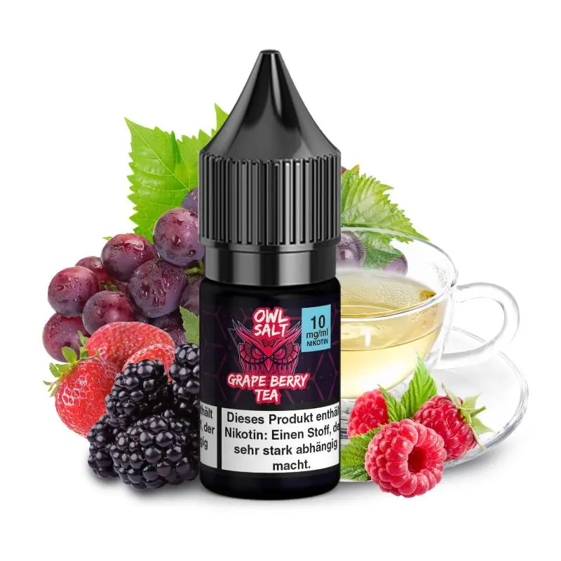 OWL Grape Berry Tea Nikotinsalz-Liquid 10ml Flasche, Rückseite mit Zutaten und Hinweisen