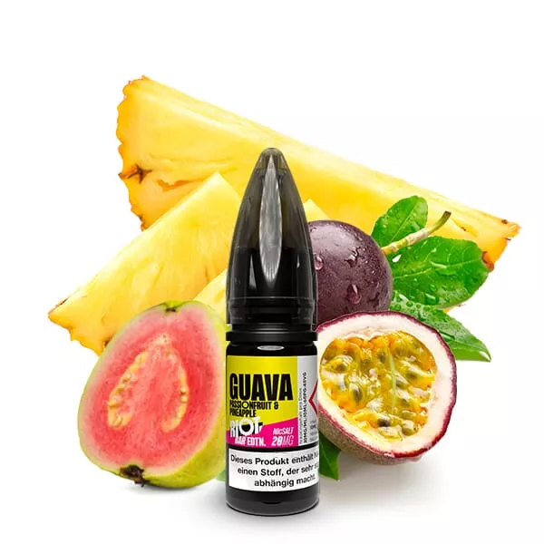 Riot Squad Bar Edition Guava Passionfruit Pineapple 10ml Nikotinsalz-Liquid mit Früchten im Hintergrund