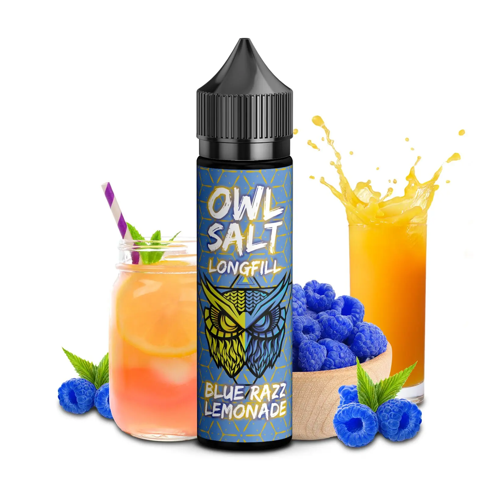 OWL Salt Blue Razz Lemonade Longfill 60-ml-Flasche mit blauer Verpackung und Blaubeeren-Limonade-Motiv