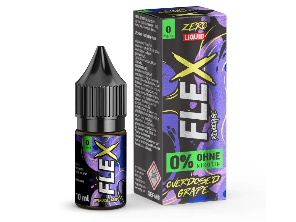 Revoltage Flex Overdosed Grape 10ml Nikotinsalz-Liquid 0% Nikotin, schwarze Flasche mit lila Etikett und Verpackungsbox