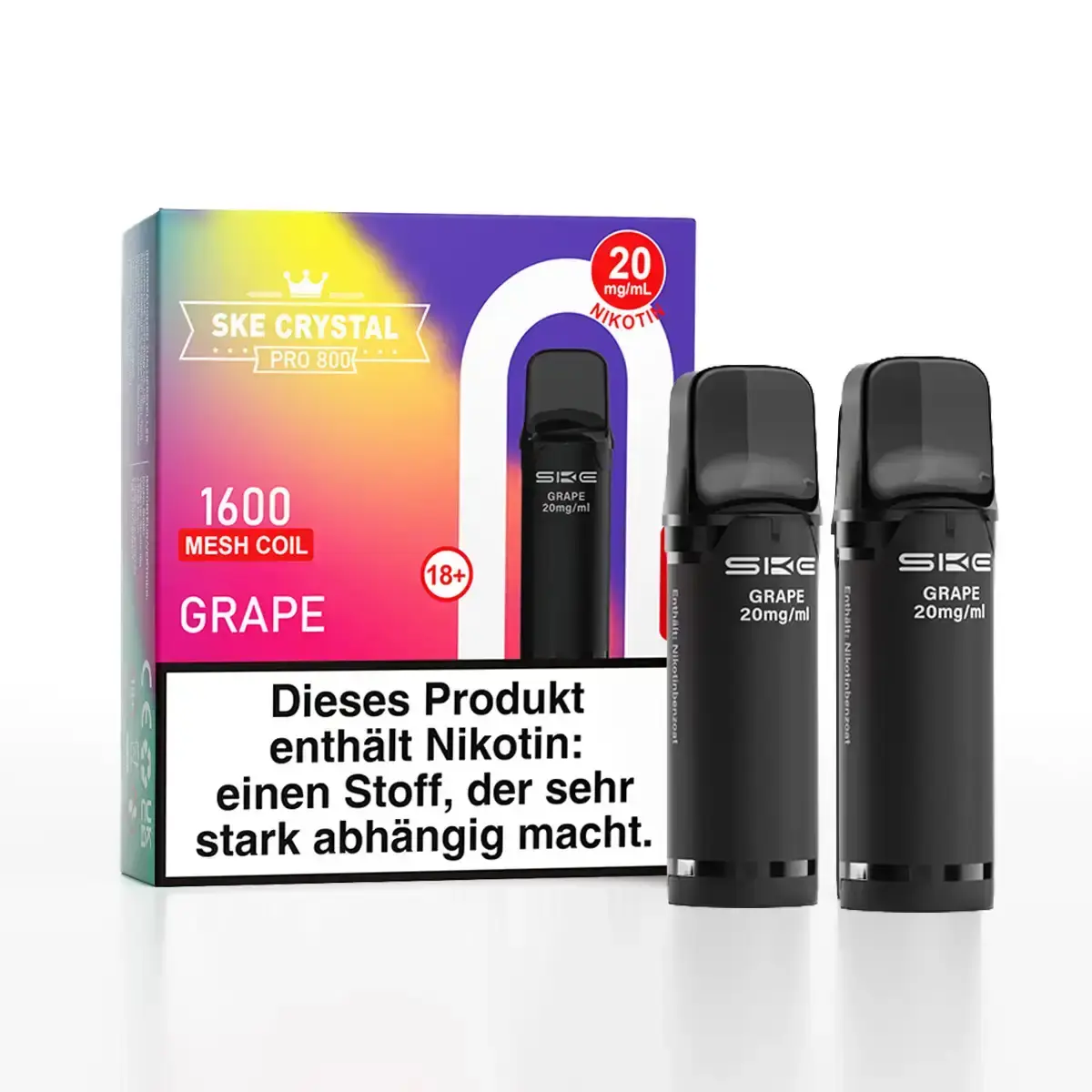 Zwei schwarze SKE Crystal 800 Pro Pods mit bunter Verpackung, Sorte Grape