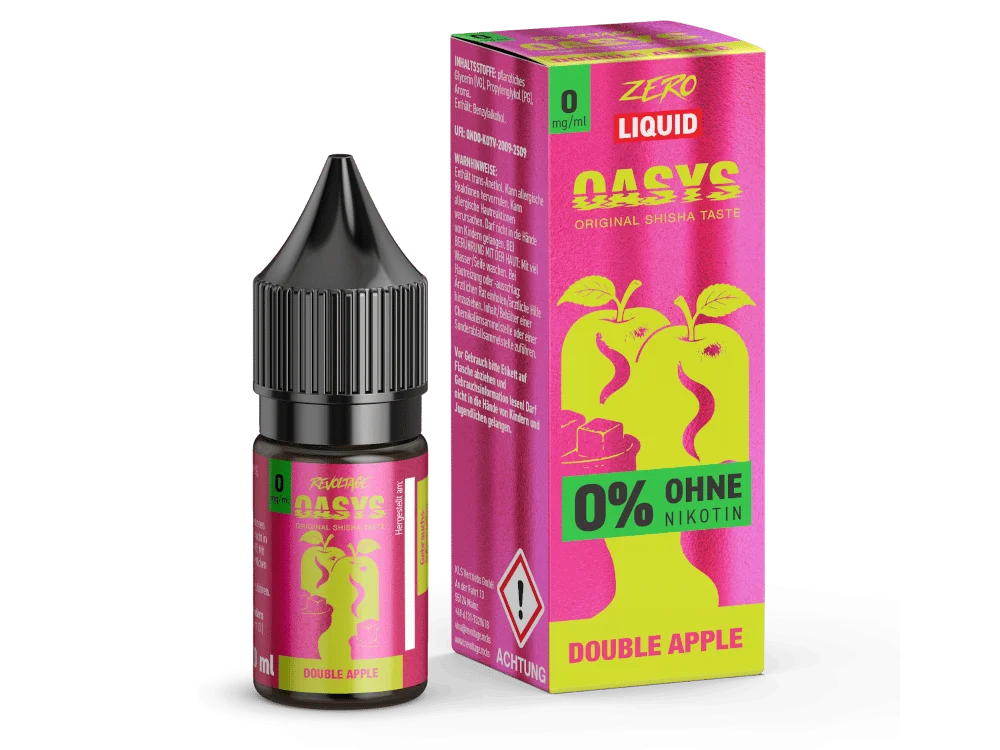 Revoltage Oasys Double Apple 10ml Nikotinsalz-Liquid – pink-grüne Verpackung mit Äpfel-Motiv und Flasche