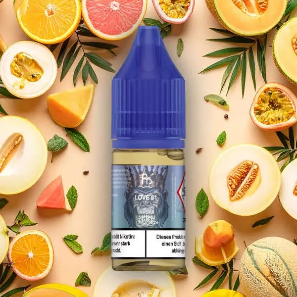 Fumot Love 61 10ml Nikotinsalz-Liquid von RandM, blaue Flasche, umgeben von Melone, Grapefruit und Passionsfrucht