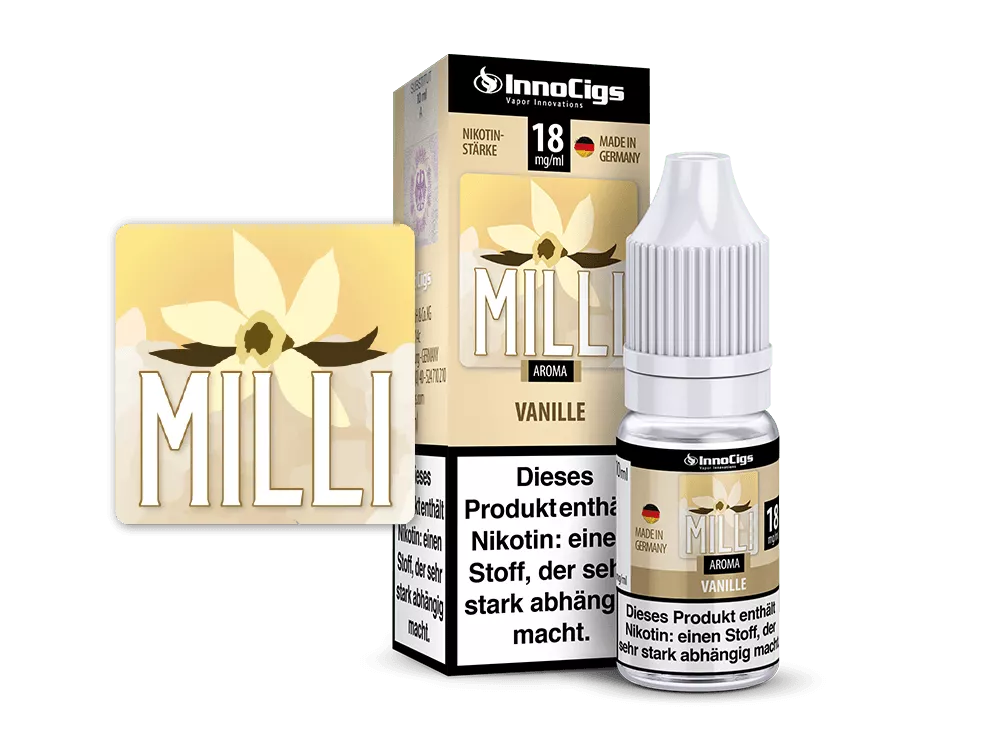 source780477.png InnoCigs Milli Vanille 10ml eLiquid Flasche mit goldener Verpackungsbox, Frontansicht