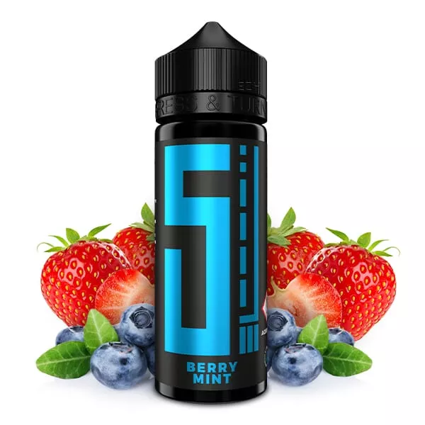 5 Elements Berry Mint Longfill – blaue 100ml-Flasche mit Erdbeeren und Heidelbeeren auf dunklem Hintergrund