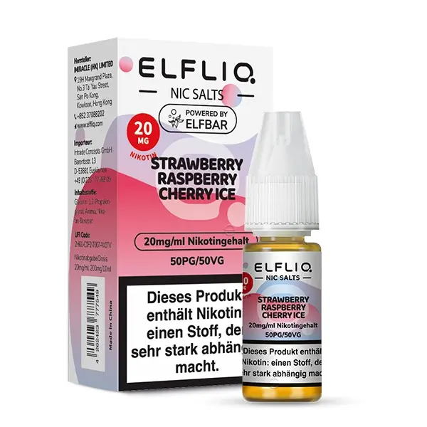 Elfbar Elfliq Strawberry Raspberry Cherry Ice 10ml Nikotinsalz-Liquid 20mg, pinkfarbene Flasche Vorderansicht