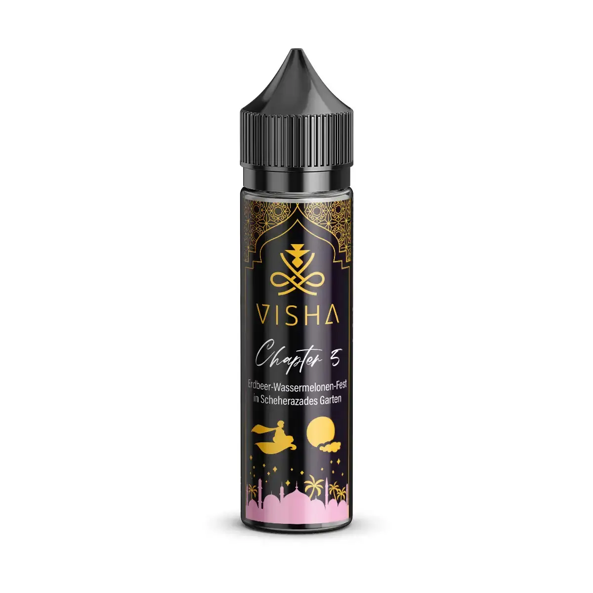 visha-chapter-5-10ml-aroma-longfill-steuerware.png Visha Chapter 5 Longfill – schwarze 60ml Flasche mit rosa-goldenem Fruchtmotiv aus Banane und Beeren