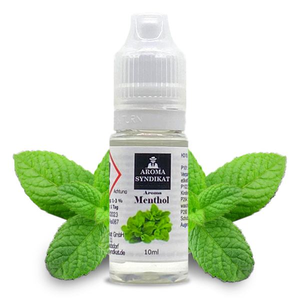 Aroma Syndikat Menthol 10ml Aroma kleine Flasche umgeben von frischen Minzblättern