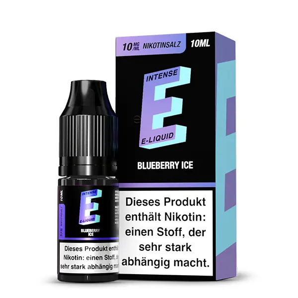 E-Intense Blueberry Ice 10ml Nikotinsalz-Liquid, blau-lila Flaschenetikett, Vorderansicht mit Nikotinwarnhinweis