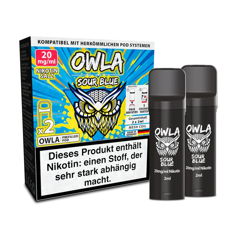 2x Owla Sour Blue Prefilled Pod im Doppelpack mit Verpackung, blau-gelbes OWL-Design, 20 mg Nikotin