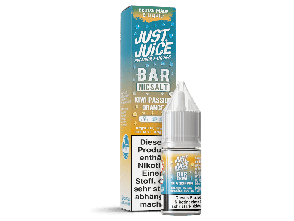 Just Juice Bar Range Kiwi Passion Orange 10ml Nikotinsalz-Liquid, Flasche mit türkis-oranger Verpackung, Vorderansicht
