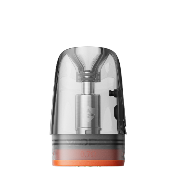 VooPoo Argus Multi Ohm Ersatz-Pod einzeln, transparentes Gehäuse mit orangefarbenem Boden und sichtbarer Coil