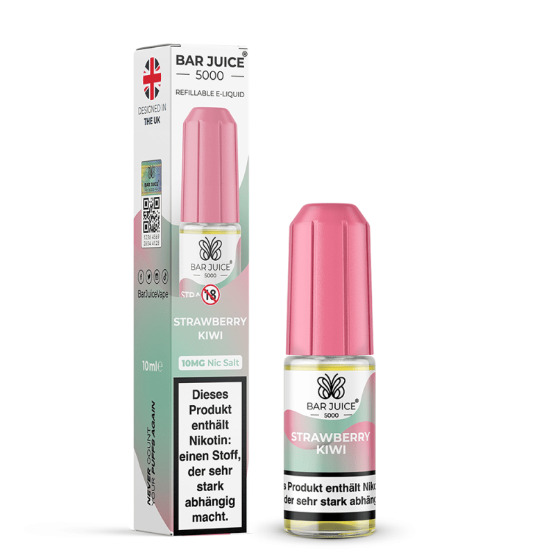 Bar Juice 5000 Strawberry Kiwi 10ml Nikotinsalz-Liquid – rosa Flasche neben Verpackungskarton