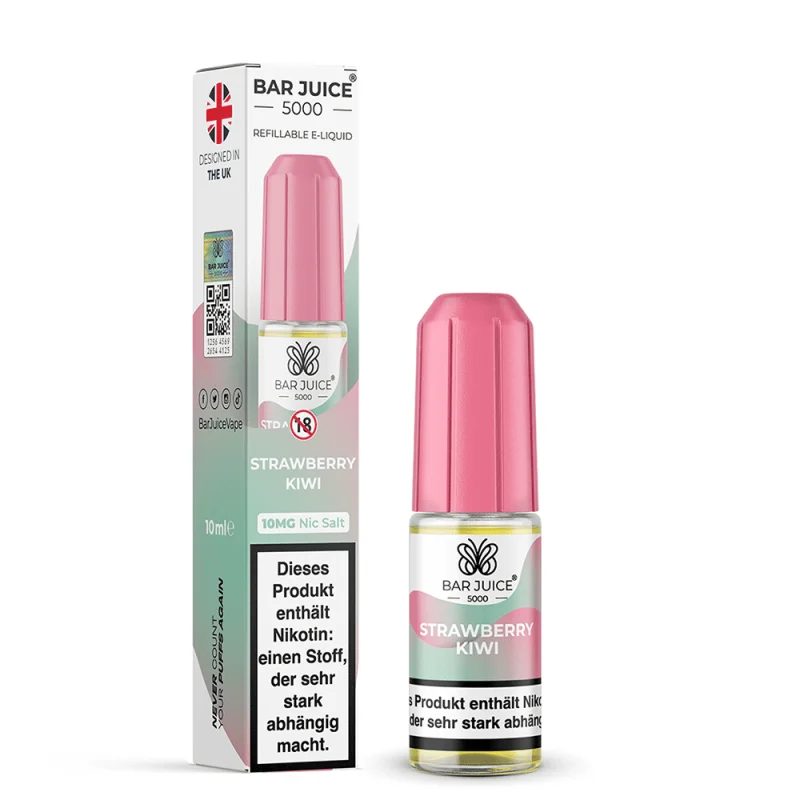 Bar Juice 5000 Strawberry Kiwi 10ml Nikotinsalz-Liquid – rosa Flasche neben Verpackungskarton
