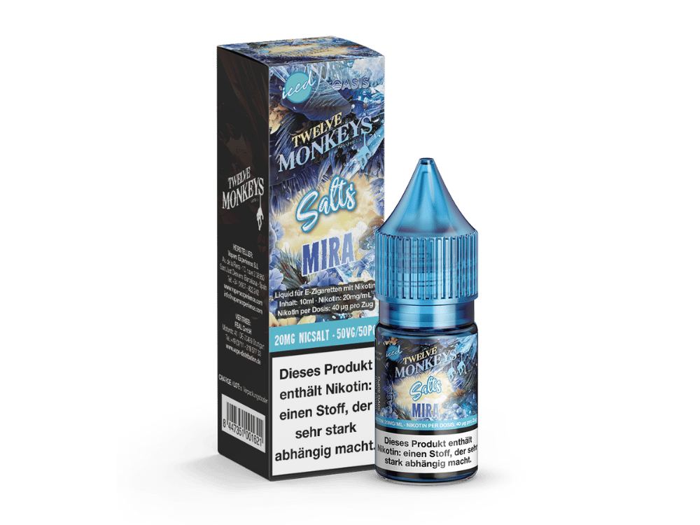 Twelve Monkeys Iced Salts Mira 10ml Nikotinsalz-Liquid – Fläschchen mit blauer Verpackung und Eis-Motiv
