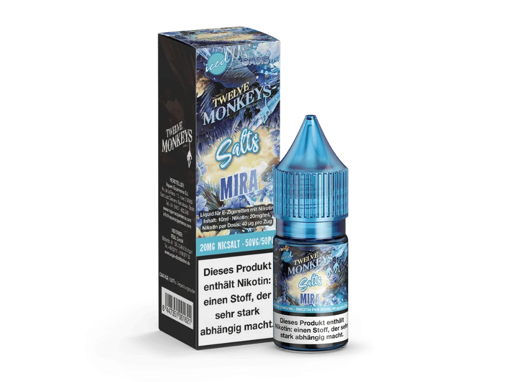 Twelve Monkeys Iced Salts Mira 10ml Nikotinsalz-Liquid – Fläschchen mit blauer Verpackung und Eis-Motiv