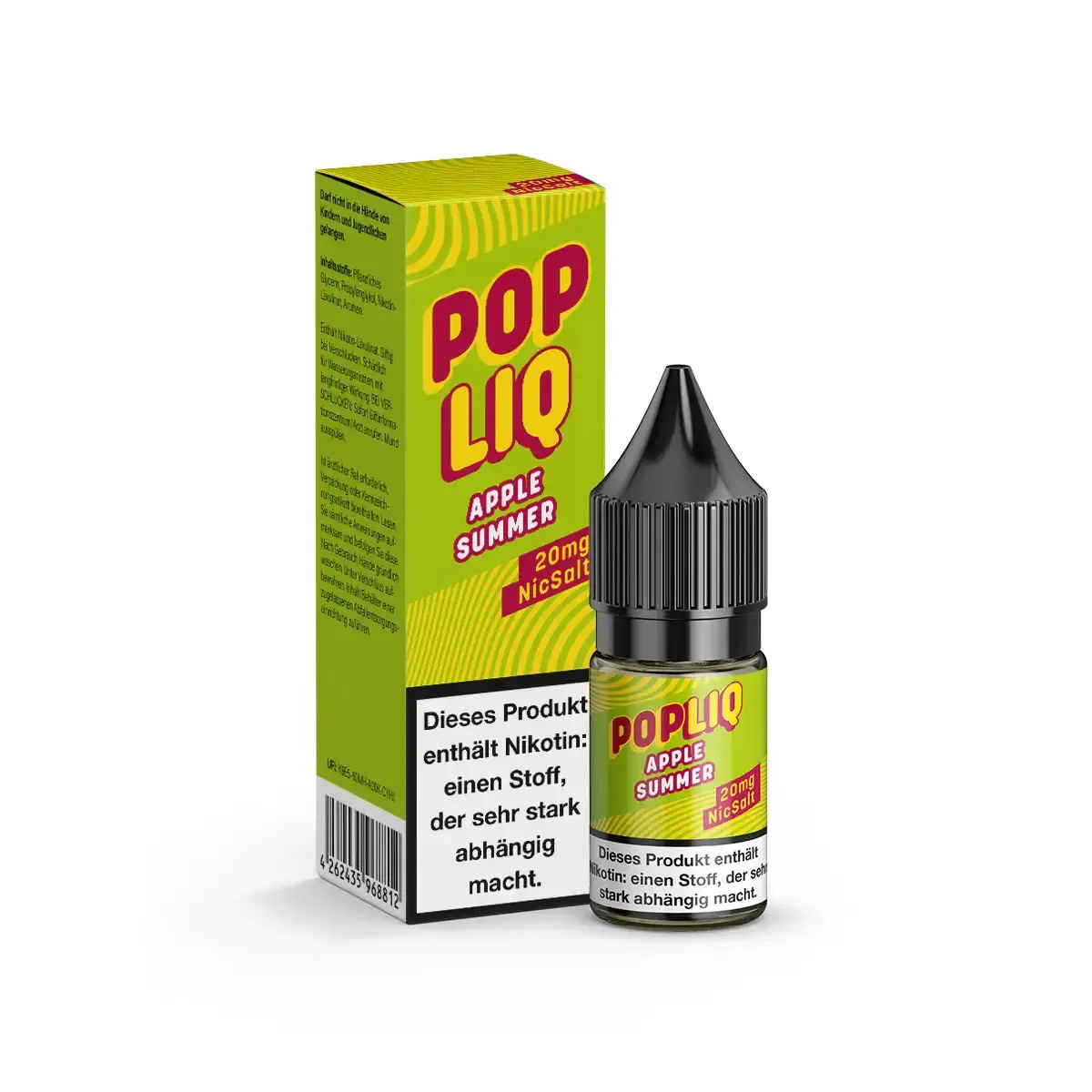 PopLiq Apple Summer 10ml Nikotinsalz-Liquid – grün-gelbe Verpackung mit Flasche, Apfel-Sommer-Geschmack