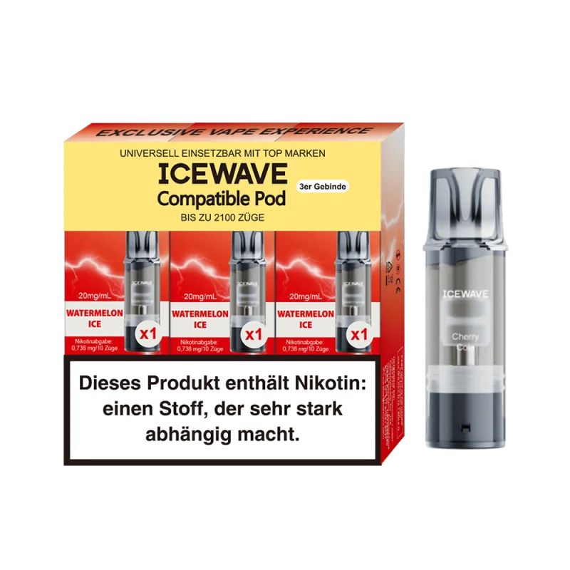 3er-Pack Icewave Compatible Pod Watermelon Ice in rot-gelber Verpackung mit einzelnem Pod seitlich