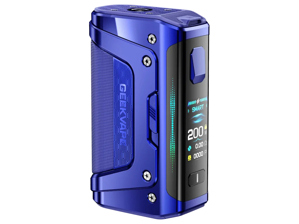 GeekVape Aegis Legend 5 Mod in Blau mit glänzendem Gehäuse und farbigem TFT-Display, Frontansicht