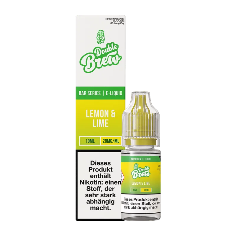 Double Brew Lemon & Lime 10ml Nikotinsalz-Liquid – grün-gelbe Flasche mit passender Verpackung