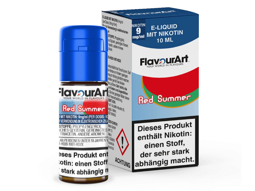 Flavourart Red Summer 10ml Liquid 9mg/ml – Schachtel und Flasche mit rot-grünem Wassermelonen-Design