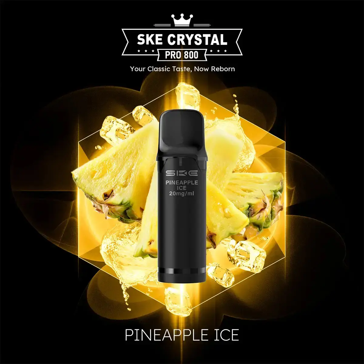 SKE Crystal 800 Pro Pod in Schwarz vor goldenem Ananas-Hintergrund – Pineapple Ice