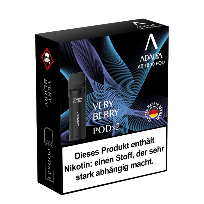 Adalya AR1800 Prefilled Pod Very Berry – dunkle Verpackung mit blau-violettem Design, 2er-Pack