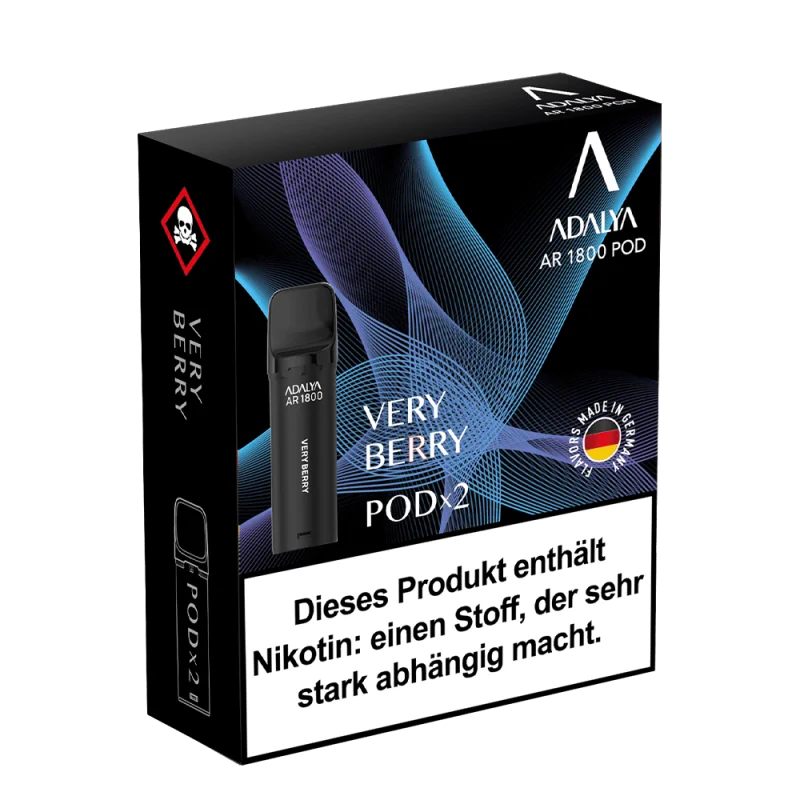 Adalya AR1800 Prefilled Pod Very Berry – dunkle Verpackung mit blau-violettem Design, 2er-Pack