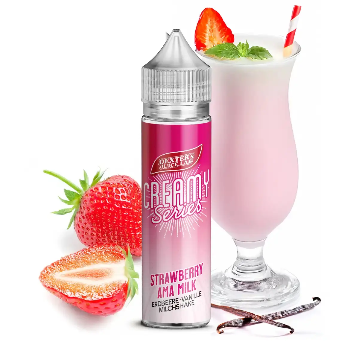 Dexters Juice Lab Creamy Series Strawberry Ama Milk Longfill-Flasche in Pink mit Erdbeere und Milchshake-Motiv