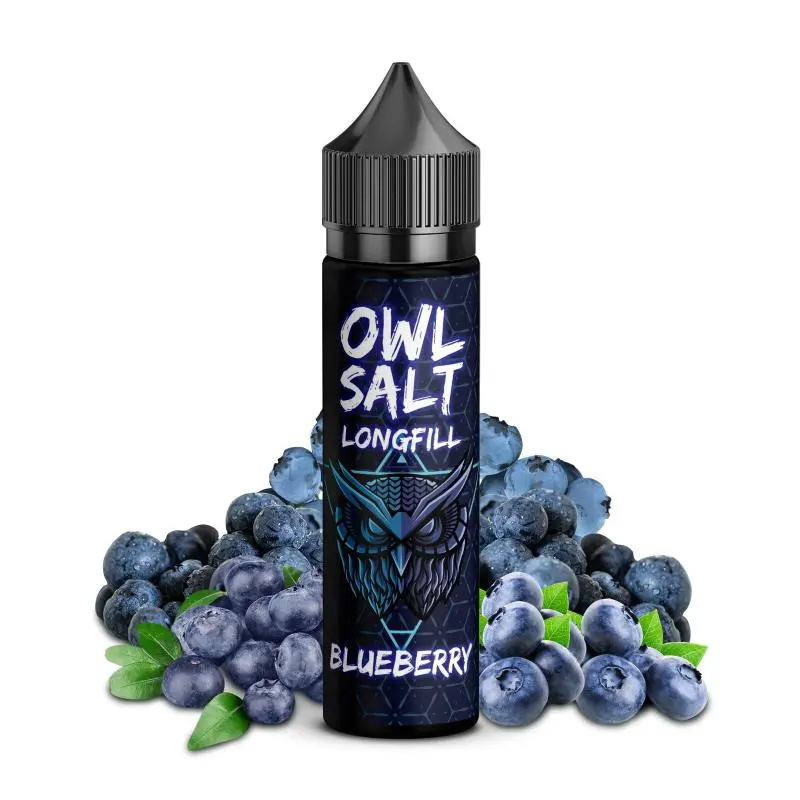 OWL Salt Blueberry Longfill in schwarzer Flasche, Motiv mit frischen Blaubeeren und Eule auf dunklem Hintergrund