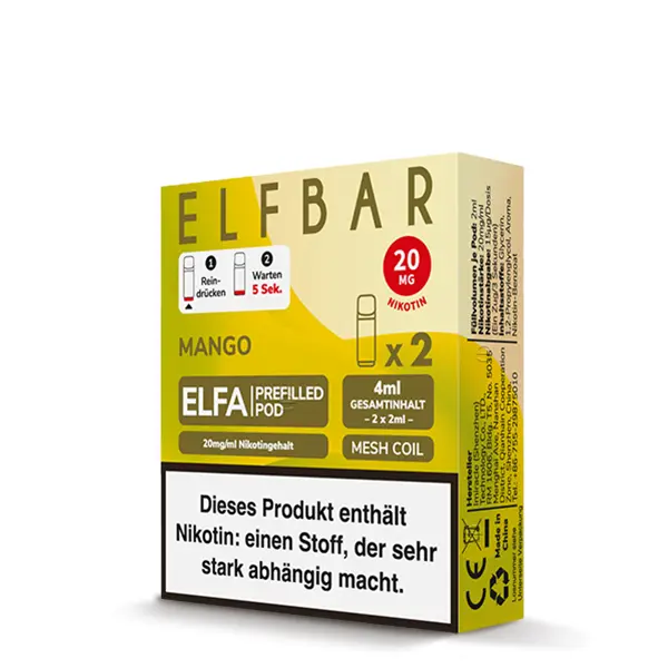 Elfbar Elfa Prefilled Pods 20mg/ml Mango 2er Pack – gelb-grüne Verpackung mit zwei Pods