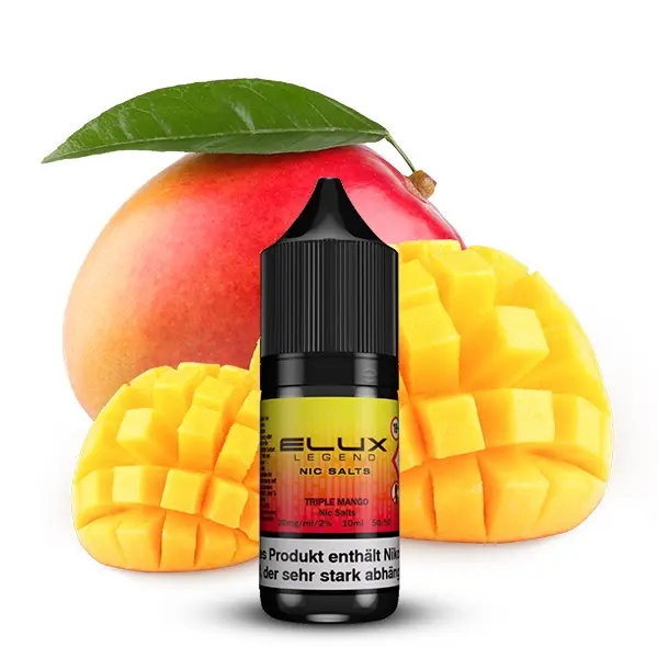 Elux Triple Mango Nikotinsalz-Liquid 10ml, schwarze Flasche, Produktfoto mit frischen Mangofrüchten im Hintergrund