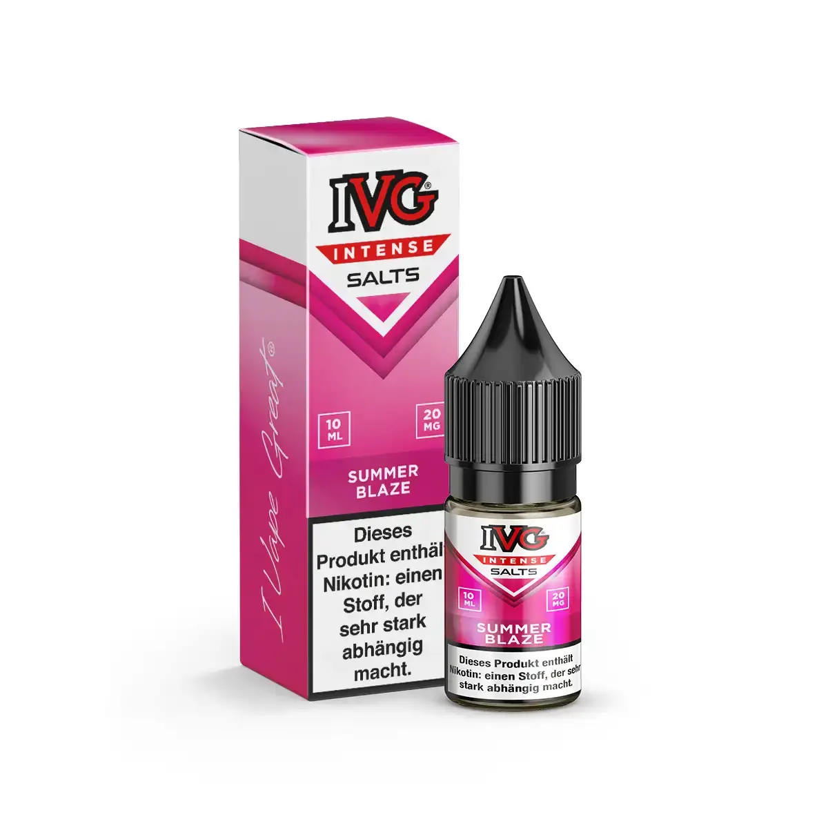 IVG Intense Salts Summer Blaze 10ml Nikotinsalz-Liquid, pinke Flasche mit pinkem Karton, seitliche Ansicht