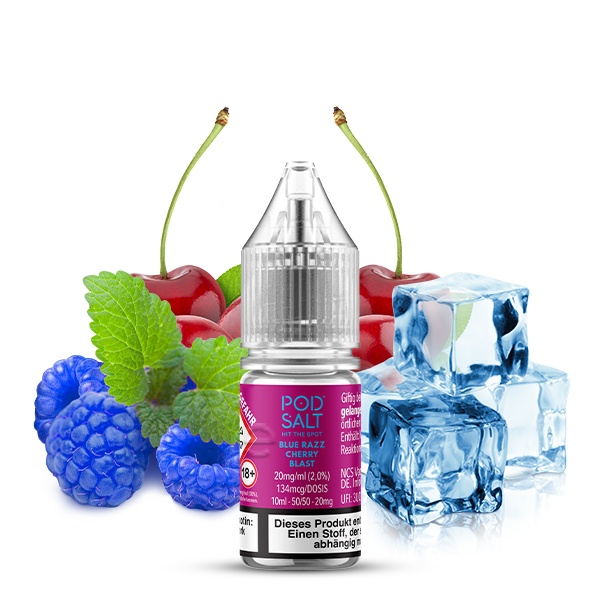 PodSalt Xtra Blue Razz Cherry Blast 10ml Nikotinsalz-Liquid – Flasche mit Himbeere, Kirsche und Eiswürfel