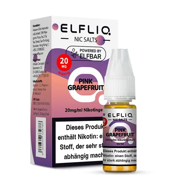 Elfliq Pink Grapefruit Nikotinsalz-Liquid 10ml Flasche mit Verpackung, lila-rosa Design, 20mg Stärke