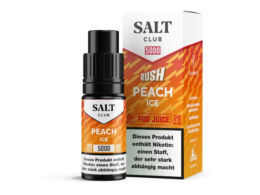 Salt Club 5000 Peach Ice 10ml Nikotinsalz-Liquid – orangefarbene Flasche mit Pfirsichmotiv und Produktkarton
