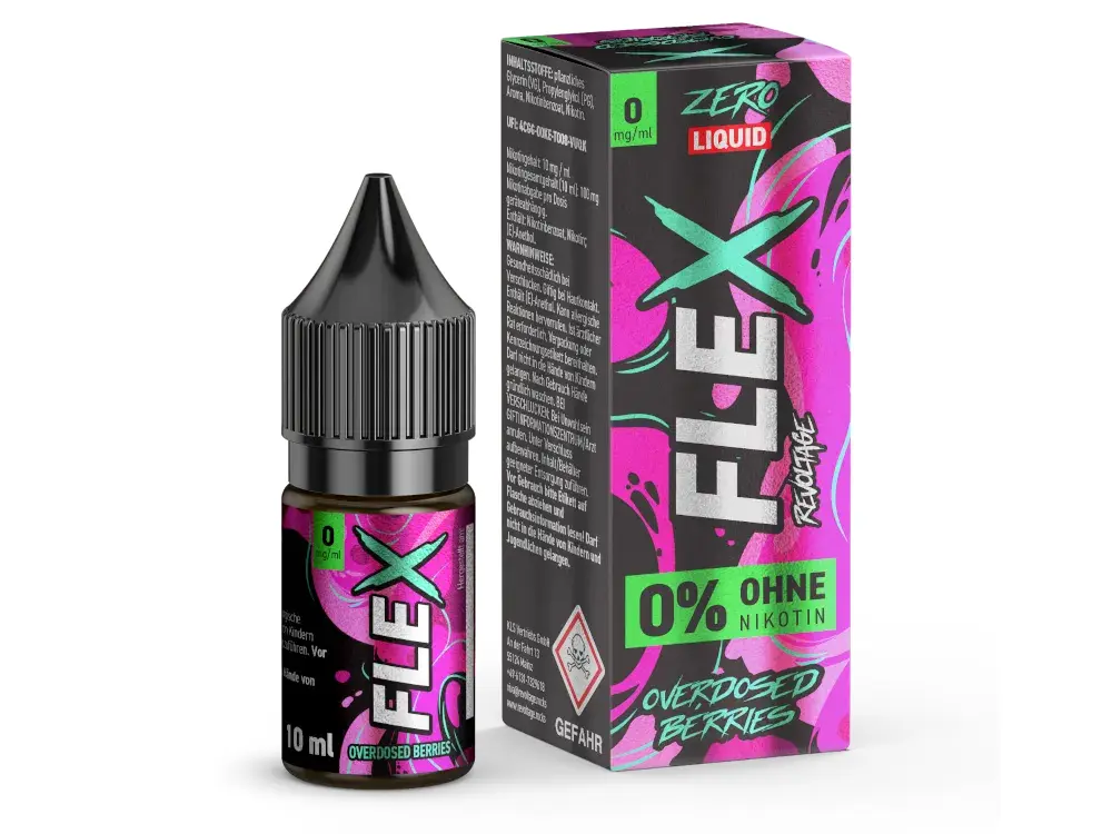 Revoltage Flex Overdosed Berries 10ml Nikotinsalz-Liquid – schwarze Flasche mit pinkfarbenem Design