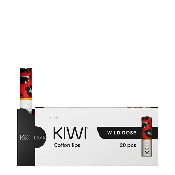source66059.jpg Kiwi Cotton Tips Wild Rose 20er-Pack – Packung mit rot-schwarz gemustertem Filter-Mundstück