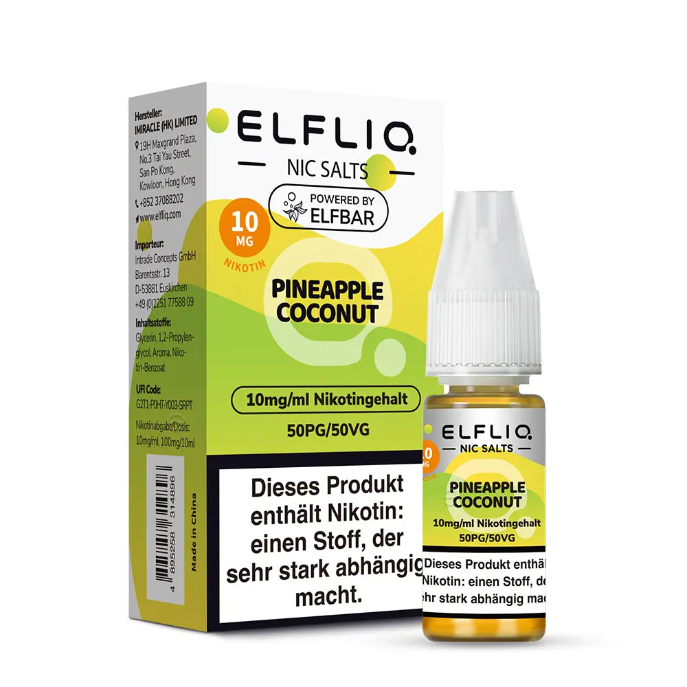 elfliq-pineapple-coconut-3DaHjVMMz6SBZe.jpg Elfliq Pineapple Coconut 10ml Nikotinsalz-Liquid von Elfbar – Flasche mit gelbem Etikett, 10 mg/ml