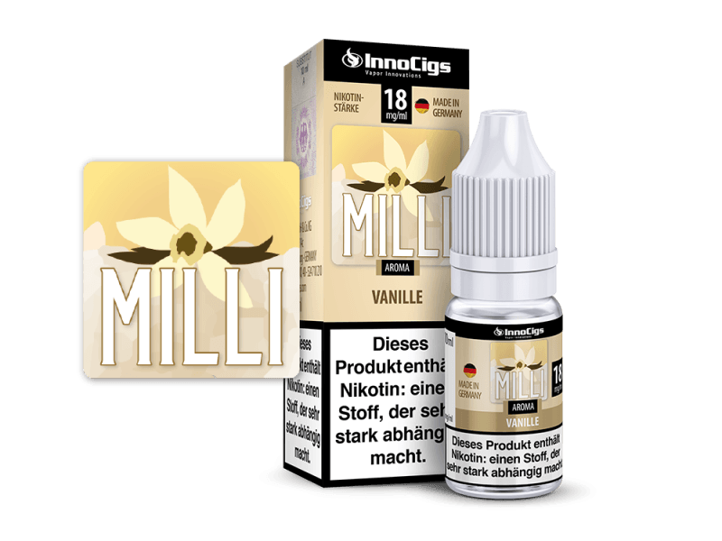 InnoCigs Milli Vanille 10ml eLiquid Flasche mit goldener Verpackungsbox, Frontansicht