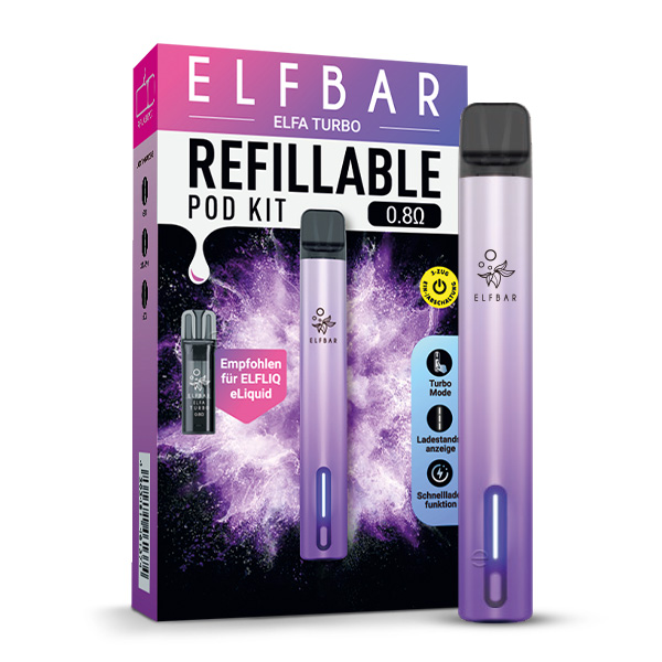 Elfbar Elfa Turbo Pod Kit E-Zigarette in Lila mit Verpackung, nachfüllbares Pod-System 0,8 Ohm