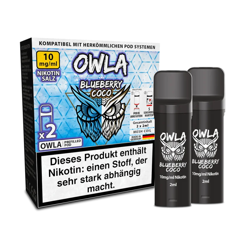 OWL Owla Blueberry Coco Prefilled Pod 2er-Pack in blauer Verpackung mit zwei schwarzen Pods, 10 mg