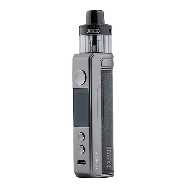 VooPoo Drag X2 Pod Kit E-Zigarette in Silber mit dunkelgrauem Einsatz, Frontansicht mit Tank