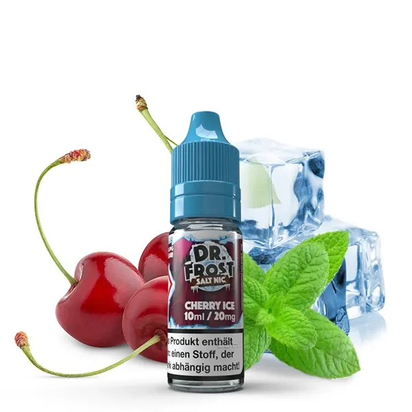 Dr. Frost Cherry Ice Nikotinsalz-Liquid – 10ml Flasche mit Kirsche, Eiswürfeln und Minze im Hintergrund