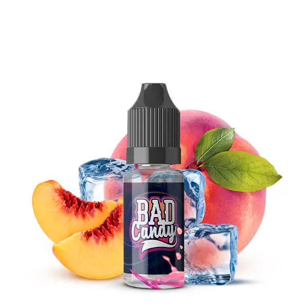 bad-candy-pinky-peach-nikotinsalz-1.jpg Bad Candy Juicd Series Pinky Peach Nikotinsalz-Liquid 10ml – schwarze Flasche mit Pfirsich und Eiswürfeln